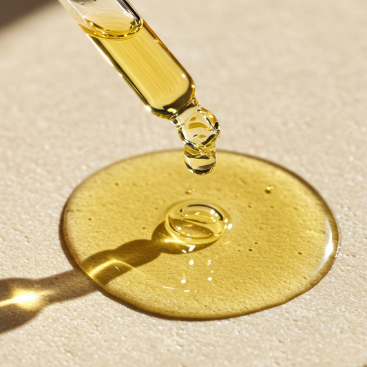 Close-up of a glass dropper releasing golden facial oil onto a smooth, neutral surface. The oil is rich in texture, reflecting light naturally—ideal for skincare product visuals.