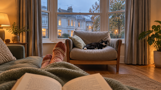 A cosy evening reading under a blanket, with a black-and-white cat resting on an armchair beside a bay window at dusk.