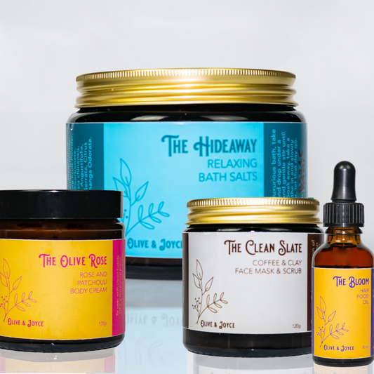 bath salts, hair oil, face scrub. body cream, 100% natural, vegan, cruelty free skincare